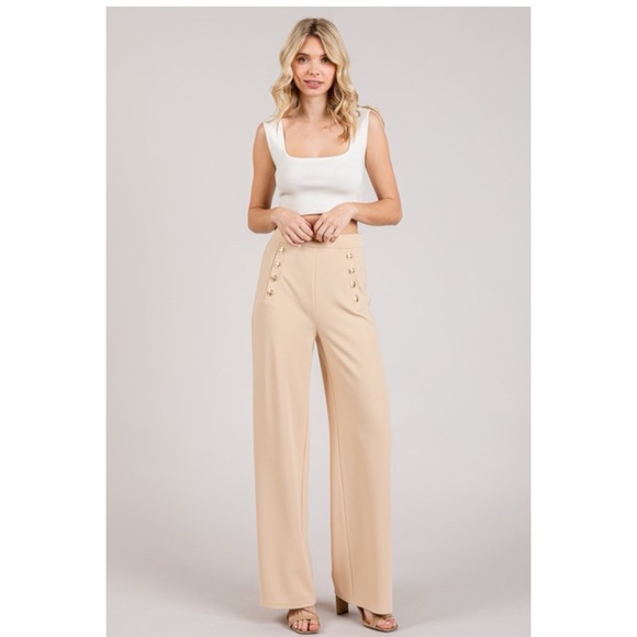 Pants - Beige Stretch Gold Button Trim High Waist Wide Leg Trousers